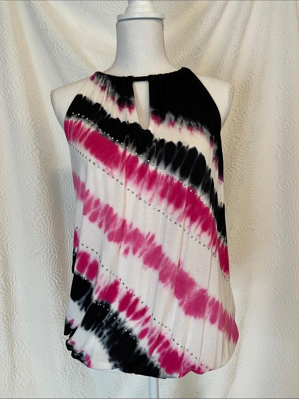 INC Pink Black and White Studded Tie-Dye Halter Tank NWOT